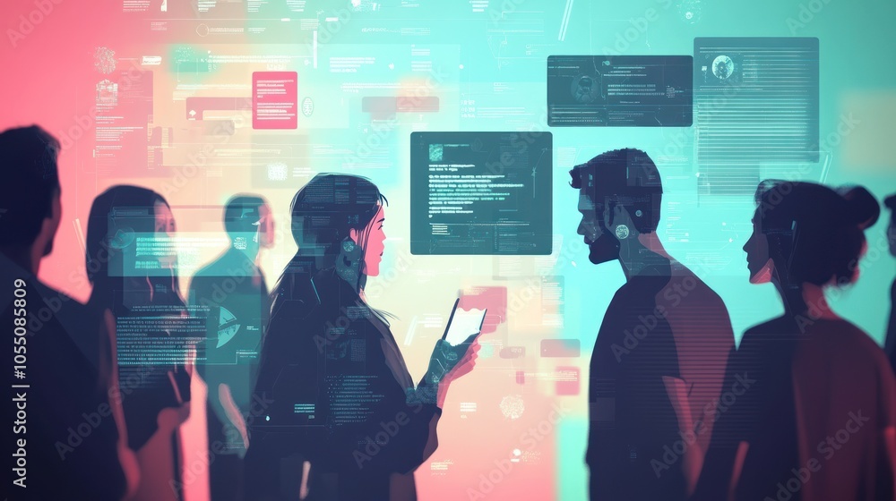 Poster digital interaction among people with technology and data visualizations in the background.