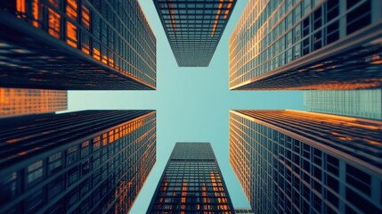 Towering glass and steel skyscrapers reaching towards the sky creating a dramatic and urban landscape in the heart of the bustling city