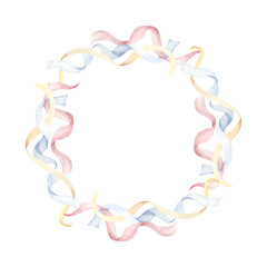 Pastel color silk ribbons in blue, pink and yellow colors watercolor round wreath isolated on white. Long twisted confetti frame clipart for nursery decor and baby shower templates