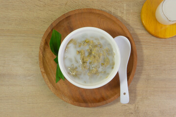 Mung Bean Porridge or Bubur Kacang Hijau, Indonesian dessert porridge of mung beans with coconut milk, pandan leaf and ginger.