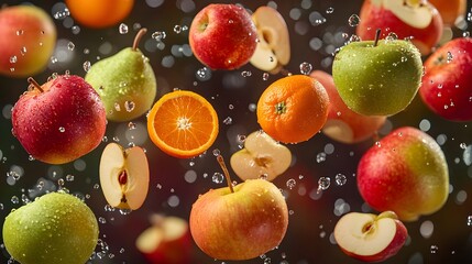 A mix of apples oranges and pears falling in a dynamic set with lifelike detail