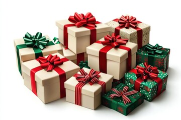 Fototapeta premium Festive Christmas Gift Pile with Red and Green Ribbons - Flat 2D Illustration Design Element on White Background