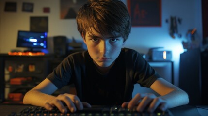 A boy is sitting in front of a computer keyboard