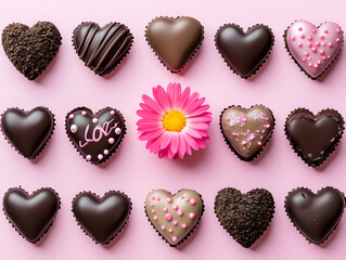 Fototapeta premium A single pink flower surrounded by chocolate hearts on a pink background.