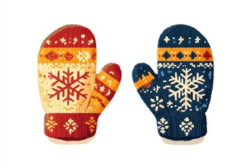 Cozy Winter Mittens with Snowflake Pattern - 2D Flat Illustration Holiday Icon on White Background