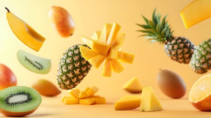 Realistic tropical fruits like mangoes kiwis and pineapples falling in mid-air with bright natural colors