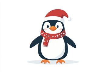 Playful Penguin in Santa Hat and Scarf - Festive Winter Holiday 2D Flat Illustration on White Background for Seasonal Designs