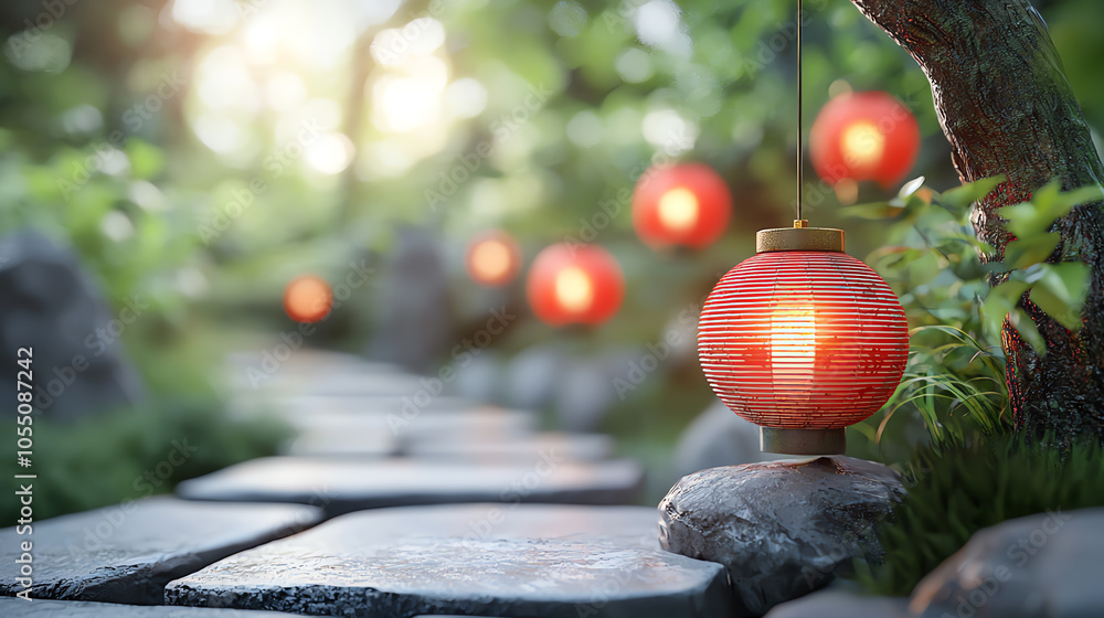 Poster enchanting red lanterns illuminate stone steps in a serene natural setting