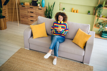 Full size high angle view photo of nice young girl sit couch use phone modern interior apartment...