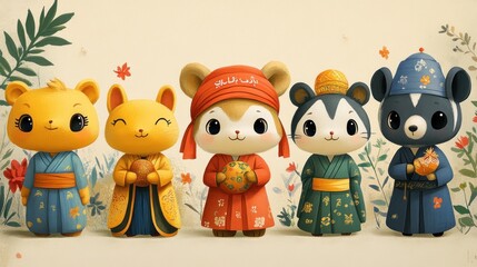 Obraz premium Four Cartoon Animals Dressed in Traditional Japanese Kimono