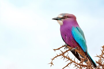 A vibrant lilac-breasted roller bird perched on a thorny branch against a clear blue sky.