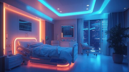 Modern hospital room with neon lighting and city view at night.