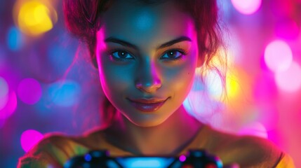 Fototapeta premium A woman with a yellow shirt is holding a video game controller