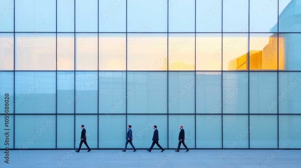 Poster office workers commuting past a towering glass office building with reflections of the city visible 