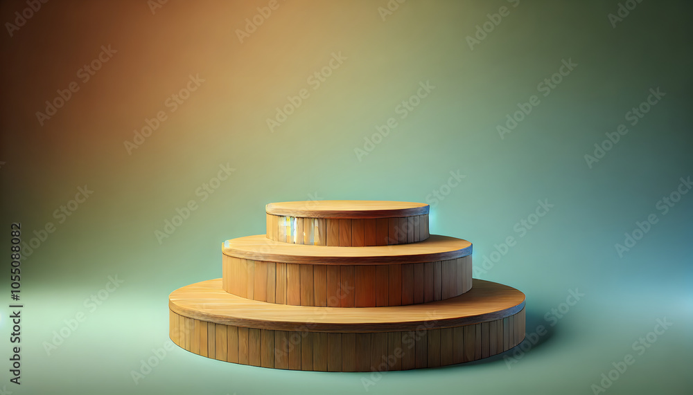 Poster A minimalist display of three wooden platforms arranged in a circular stack, with a gradient background adding depth and warmth.