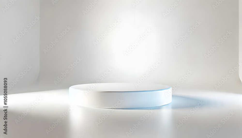 Poster a minimalist white showcase platform illuminated in a bright, empty space, ideal for displaying prod