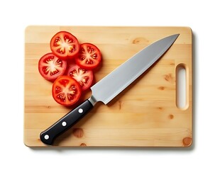 Tomato slices on the square cutting board with a knife isolated on white background, food preparation