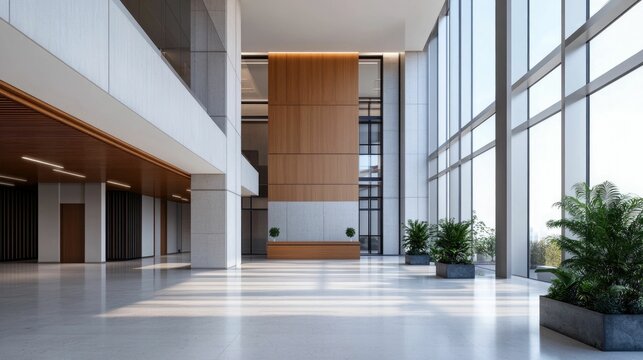 Expansive glass atrium in a towering corporate high rise building featuring a modern minimalist design with abundant natural lighting