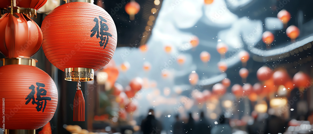Poster vibrant display of red lanterns adorned with chinese characters in a festive setting