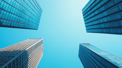 Towering skyscrapers with reflective glass facades framed against a clear vibrant blue sky  The buildings  sleek contemporary design and deep perspective create a serene minimalist cityscape