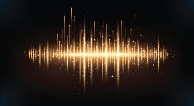Gold line light with glitter glow abstract effect. Golden vertical flare with neon beam sparkle and particle burst vector bg. Laser string on black background. Shiny fiber data or sound banner design
