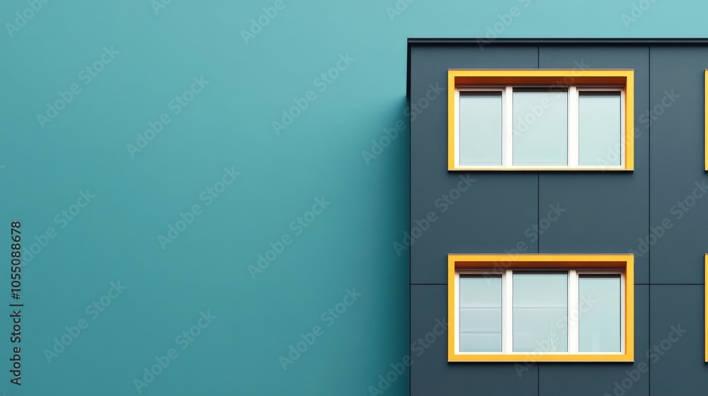 Poster sleek and modern minimalist office building with a black paneled facade and large windows showcasing
