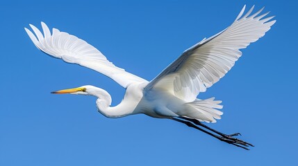 A white egret with yellow beak soars gracefully through a clear blue sky, wings outstretched.