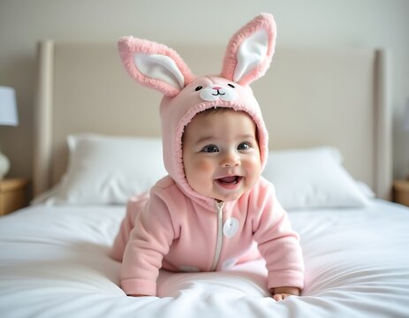 Fototapeta Portrait of a smiling baby in pink bunny costume crawling on a white bed in bedroom