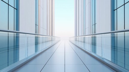 Fototapeta premium Sleek and futuristic glass bridge connecting two modern skyscrapers showcasing innovative architectural design and a deep depth of field perspective The minimalist