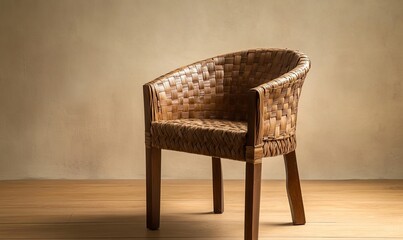 A wicker armchair with wooden legs sits on a hardwood floor in front of a beige wall.