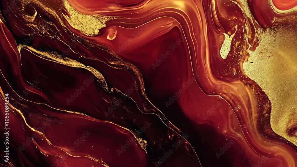 Poster a close-up of red and gold liquid swirling together, creating an abstract pattern