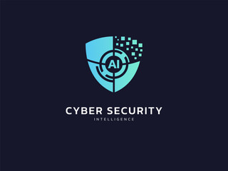 Cyber security intelligence data protection shield with letter AI circle technology analysis vector logo design concept. Abstract shield security icon logotype symbol for ID protection, privacy, ui.