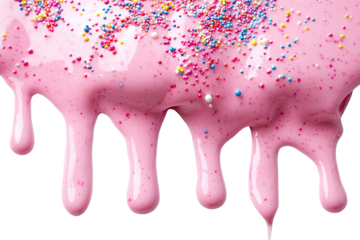 Glossy Pink Icing Dripping with Colorful Sprinkles Isolated
