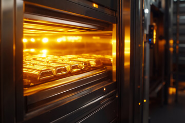 A close-up view of a metal oven with a glass door, showing a row of golden-brown food items inside