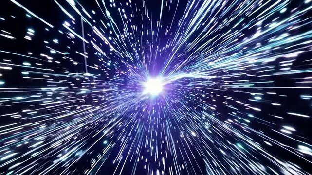 Starry bright glowing lights flying extremely fast lightspeed through hyperspace to the end of tunnel in space 