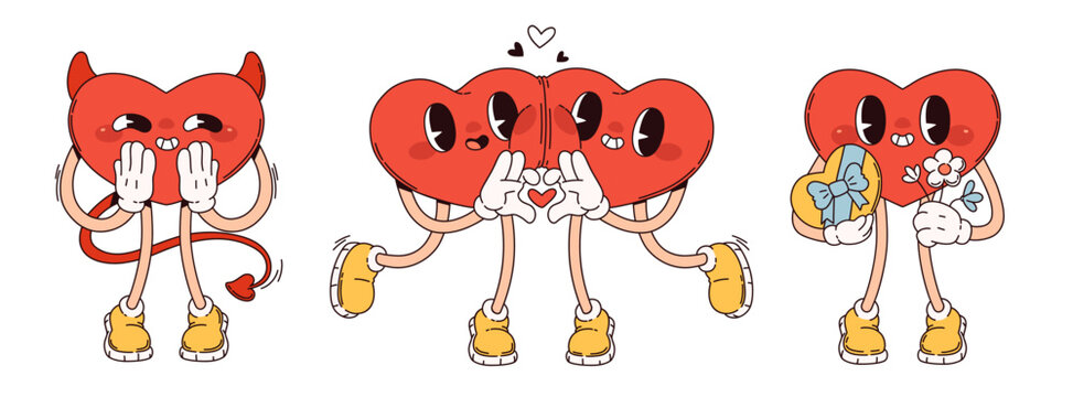 Groovy heart characters set isolated on white background. Contemporary vector cartoon illustration of y2k love mascot in devil costume, holding gift and flowers, couple hugging, Valentine Day symbol