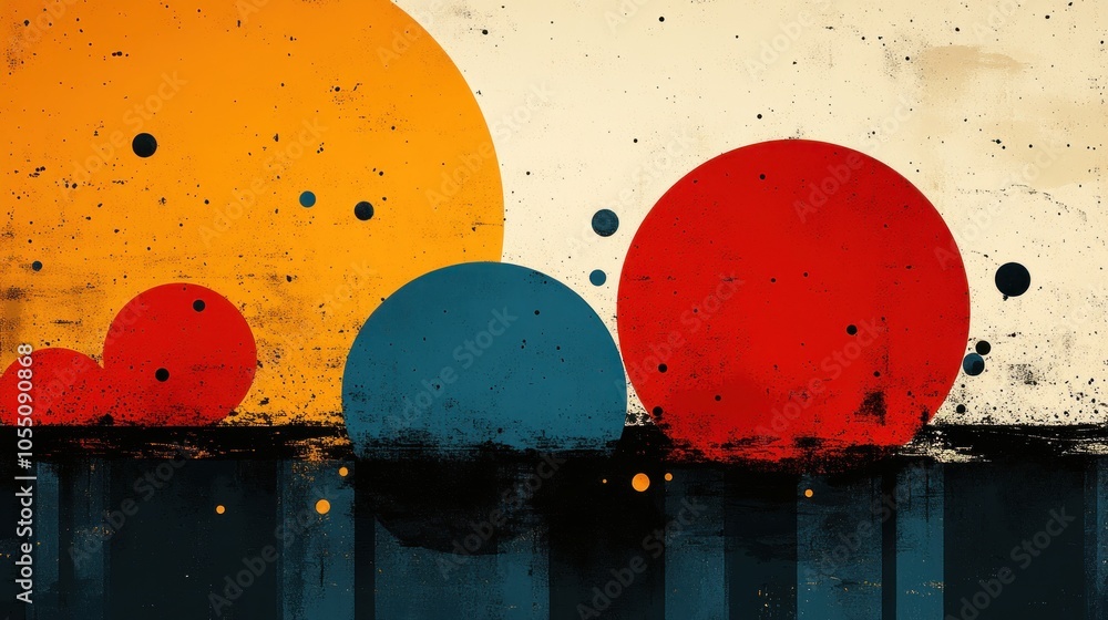 Poster abstract art with circular shapes and speckled background