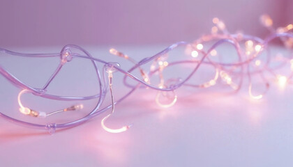 3D rendering of gently curved lavender colored fiber optic wires floating over a muted pink...