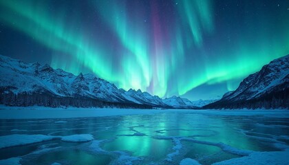 Fototapeta premium Aurora Northern Lights shimmering over a frozen lake surrounded by snow-laden mountains under a star-filled night sky