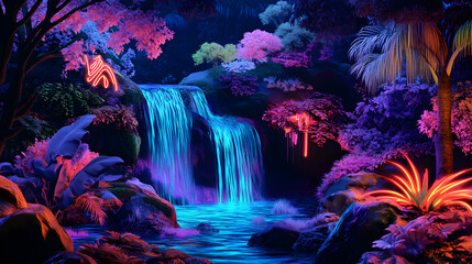 A vibrant waterfall cascades through a neon rainforest at night.