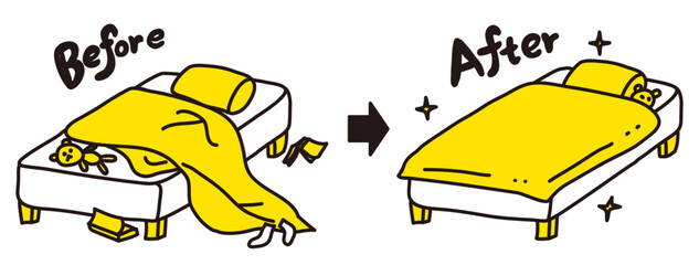 ベットメイキングのビフォーとアフターの比較（2色）