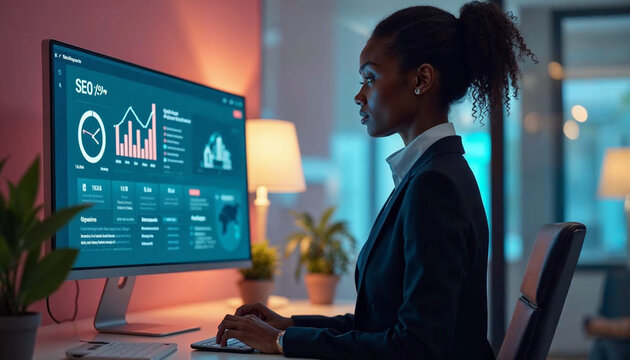 Black woman in a business suit focused on a large monitor showing SEO metrics and AI search tools the office has a contemporary design with vibrant colors and ambient lighting
