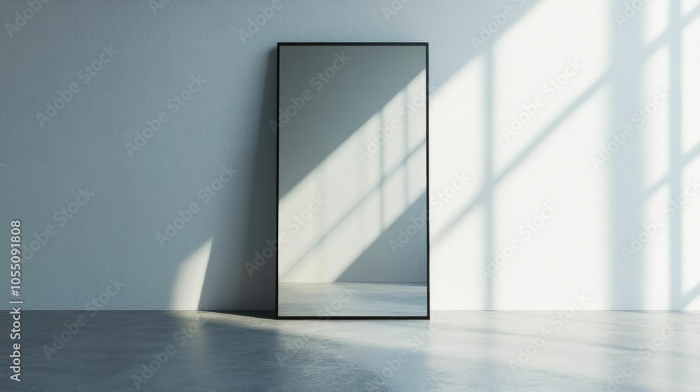 Poster minimalist modern floor to ceiling mirror with a thin black frame standing in a bright airy room wit