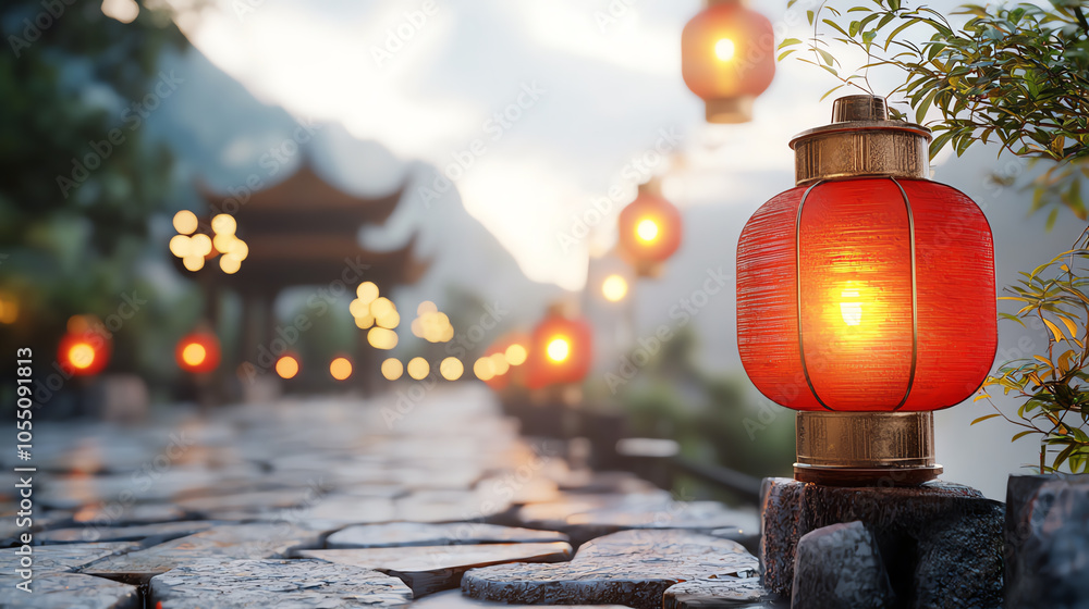Poster enchanting rows of red lanterns illuminating an ancient stone walkway in a serene landscape