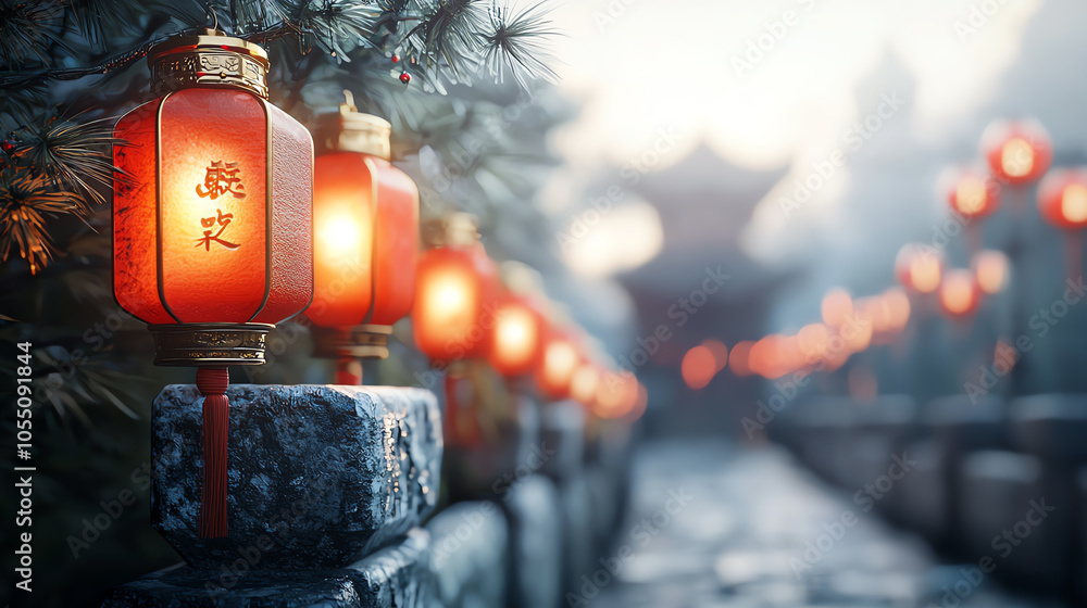 Poster enchanting rows of red lanterns illuminating an ancient stone walkway in serene atmosphere