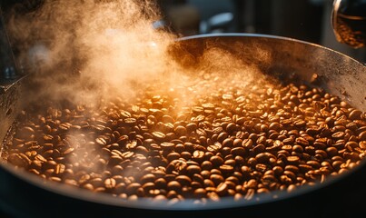 Close-up of coffee beans roasting in a drum with steam rising up.