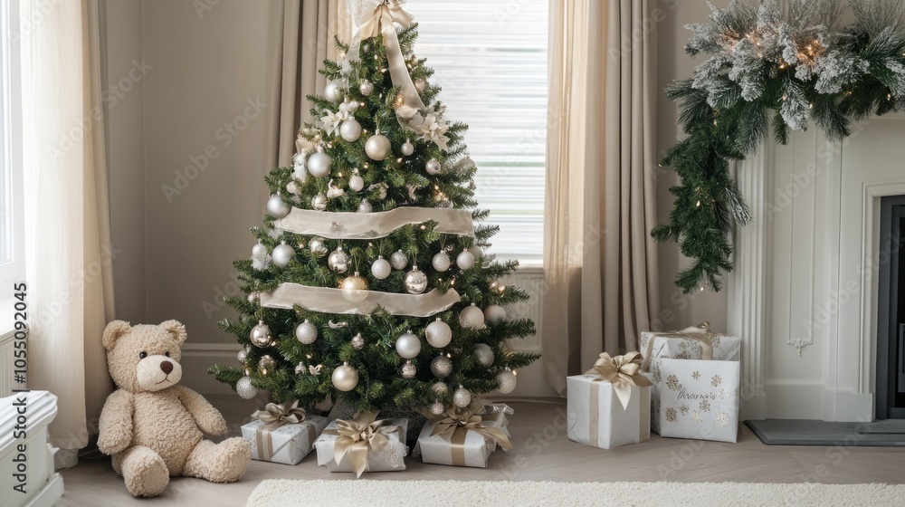 Poster a christmas tree with a teddy bear on the floor in front of it