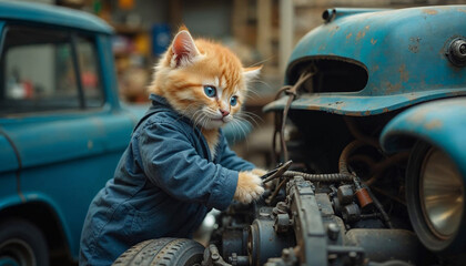 Kitten cat with blue eyes dressed in a small mechanic's jumpsuit skillfully using pliers to fix the engine of a classic blue truck in a well-lit garage surrounded by various automotive tools