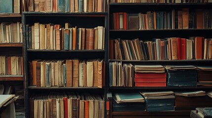 Wall full of old archive records and books on the shelves.
