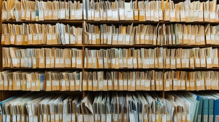 Wall full of old archive medical records on the shelves. 